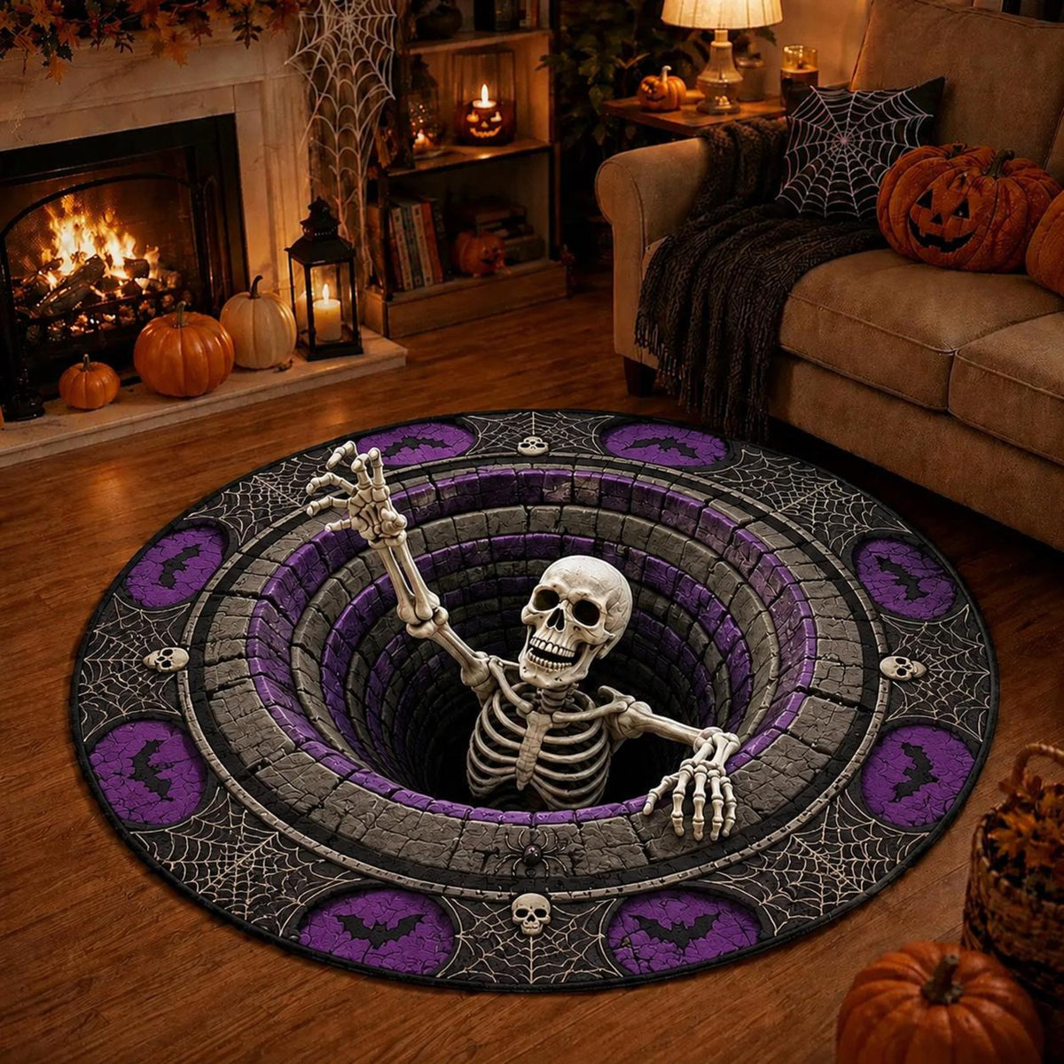 3D Skeleton Optical Illusion Round Rug Halloween Floor Mat Spooky Pumpkin Hole Carpet Scary Bottomless Pit Home Decor Halloween Party Rug