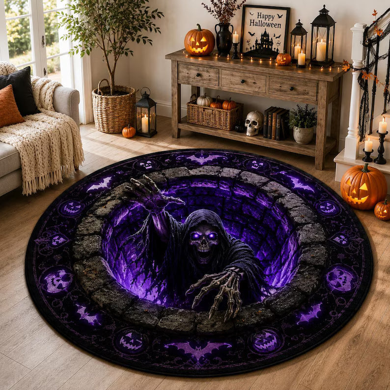 3D Halloween Skeleton Round Rugs, Gothic Skull, Spooky Haunted Well Decor, Horror Floor Mat