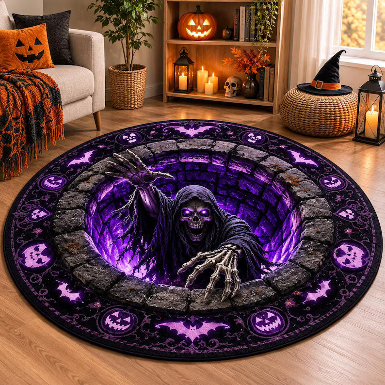 3D Halloween Skeleton Round Rugs, Gothic Skull, Spooky Haunted Well Decor, Horror Floor Mat