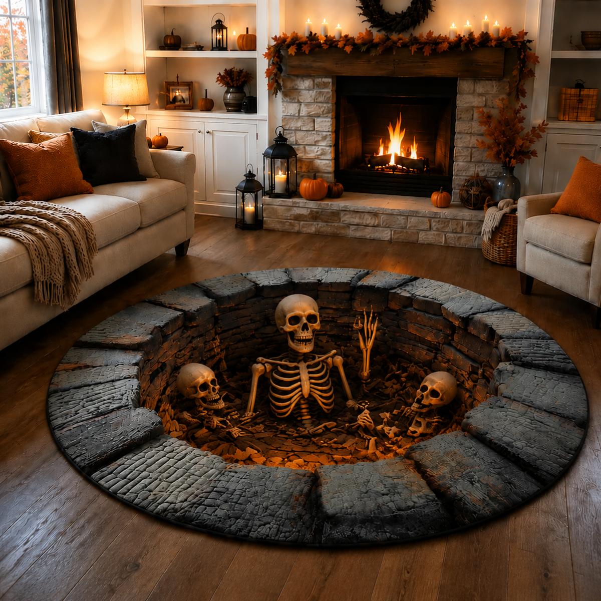 Chaotic Club Spooky Stone Dungeon Well 3D Optical Illusion Round Rug