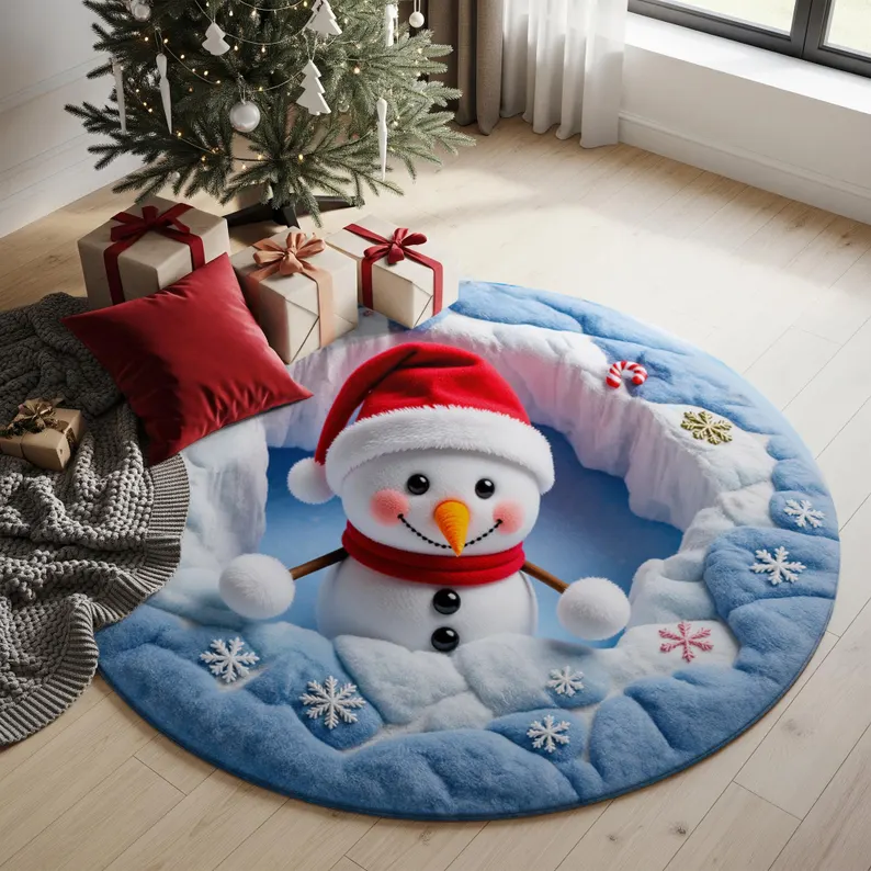 3D Snowman Christmas Quilted Carpet, Winter Snow Round Area Rug, Cute Holiday Floor Mat, Cozy Christmas Home Decor