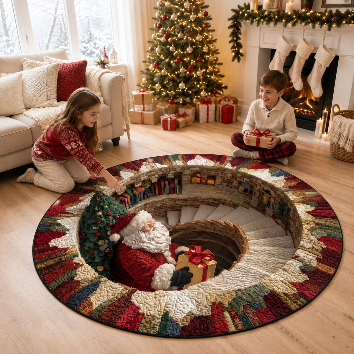 3D Santa Illusion Round Rug – Christmas Holiday Home Decor
