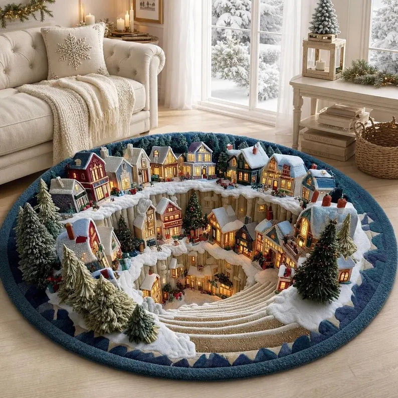 Snow Town Spiral Staircase 3D Round Rug, Christmas Snowy Village Vortex Optical Illusion Floor Mat, Non Slip Xmas Decor, Christmas Gift
