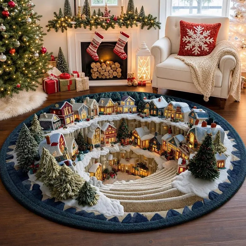 Snow Town Spiral Staircase 3D Round Rug, Christmas Snowy Village Vortex Optical Illusion Floor Mat, Non Slip Xmas Decor, Christmas Gift