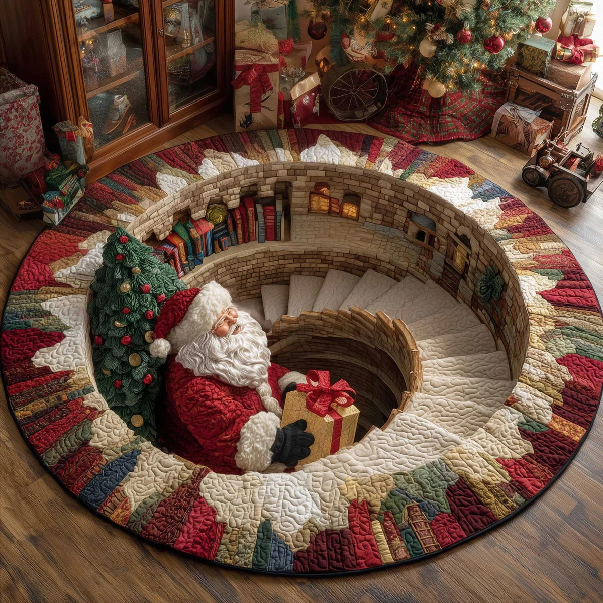3D Santa Illusion Round Rug – Christmas Holiday Home Decor