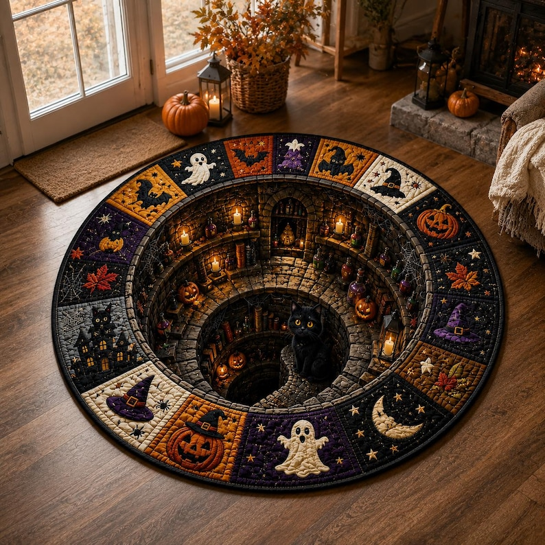 Halloween Round Quilted Rug, 3D Spooky Dungeon Illusion Rug, Ghost and Pumpkin Rug