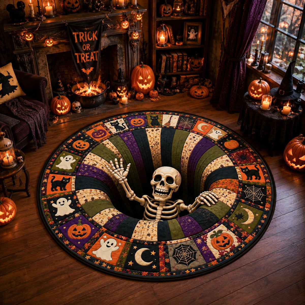 3D Effect Illusion Skull Vortex Quilted Round Rug, Halloween Horror Skeleton Carpet, Quilt Floor Mat, Living Room Bedroom Decor, Spooky Gift