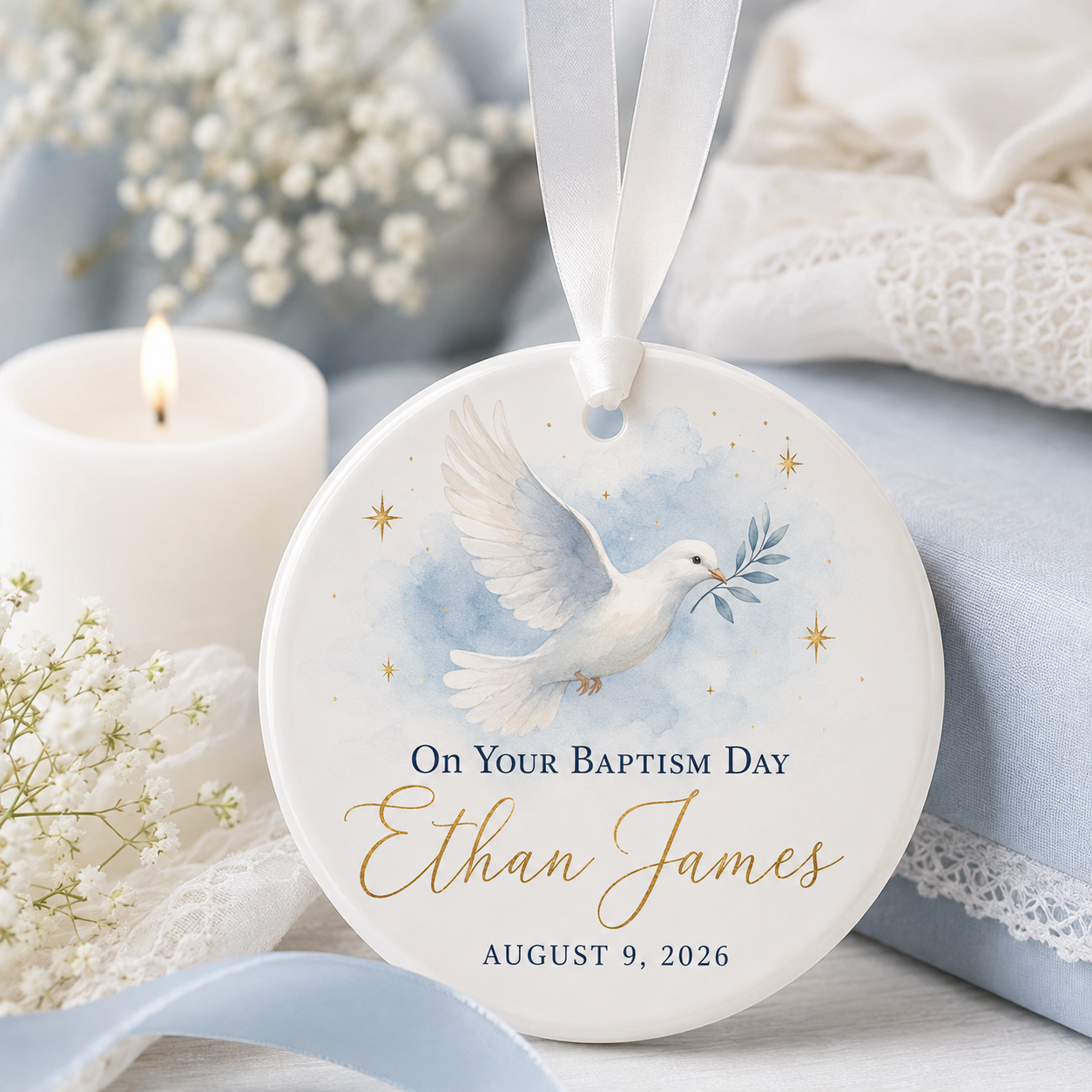 Personalized Baptism Dove Ceramic Ornament – Custom Name & Date Christian Keepsake