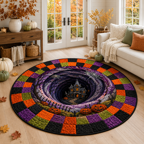 3D Illusion Halloween Round Rug, Haunted House Vortex Floor Mat, Pumpkin Gothic Area Rug, Spooky Halloween Home Decor