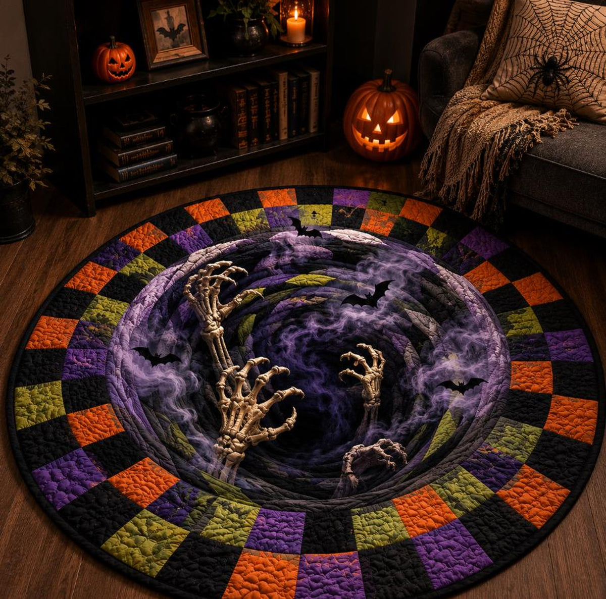 3D Illusion Halloween Round Rug, Haunted House Vortex Floor Mat, Pumpkin Gothic Area Rug, Spooky Halloween Home Decor