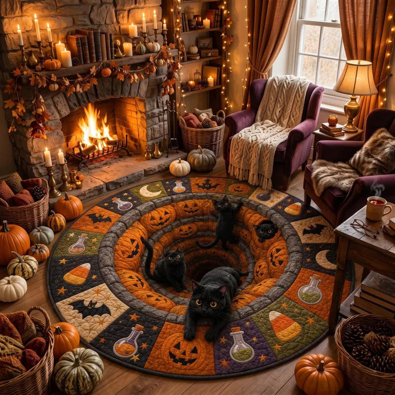 3D Halloween Black Cat Round Rug, Spooky Optical Illusion Carpet, Pumpkin Vortex Quilted Floor Mat, Witchy Fall Decor, Cat Lover Gift