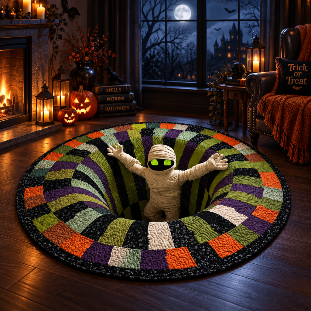 Mummy’s Out of the Pit 3D Quilted Carpet – Funny Halloween Illusion Round Rug, Spooky Mummy Floor Decor for Haunted Home & Party