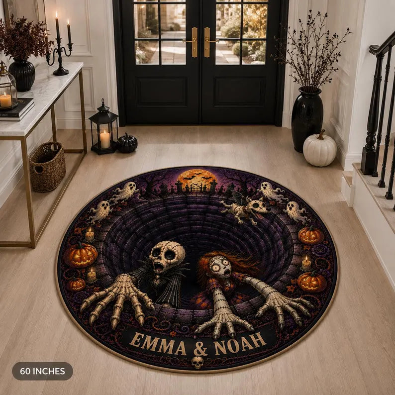 Personalized Halloween 3D Illusion Skeleton Rug, Custom Name Velvet Floormat