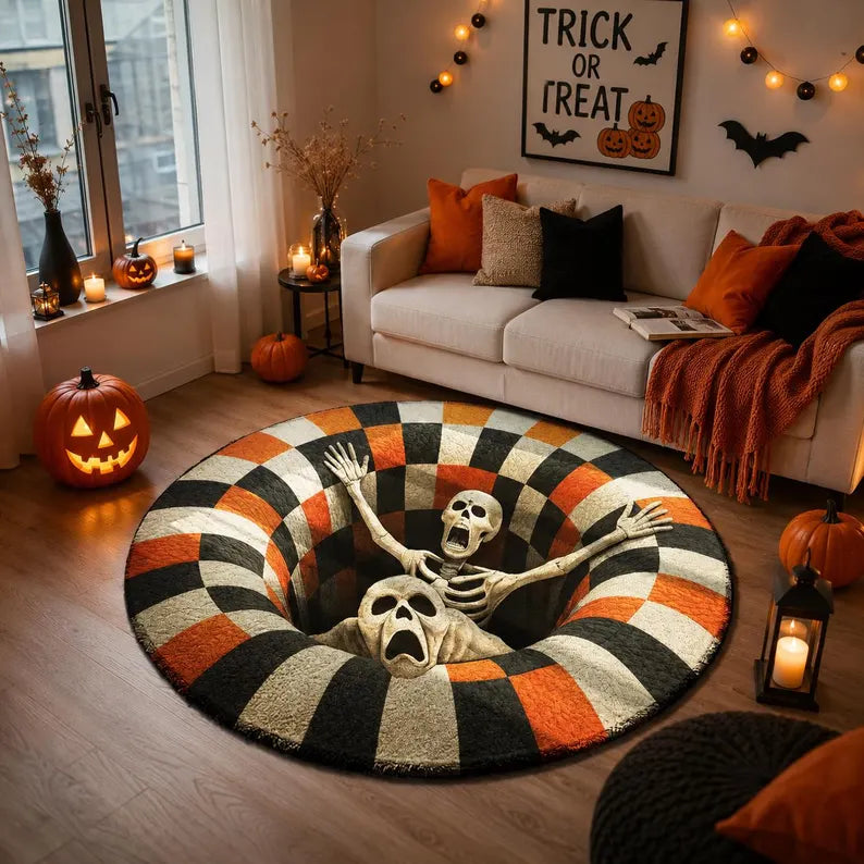 3D Skeleton Halloween Rug, Round Spooky Area Rug, Optical Illusion Floor Mat, Creepy Halloween Decor, Horror Rug
