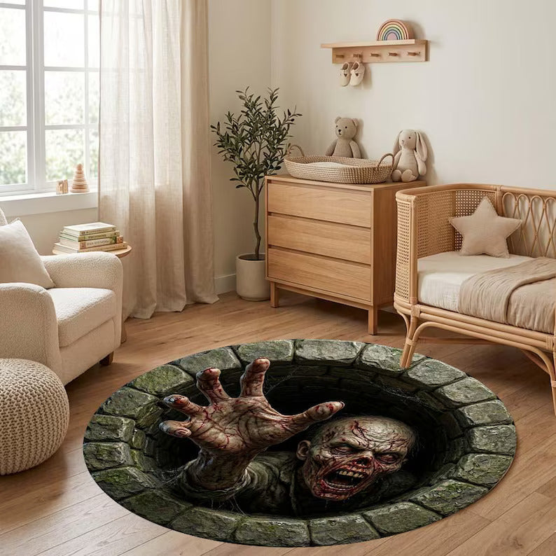 3D Demon in Well Carpet, Horror Monster Round Rug, Creepy Creature Floor Mat, Gothic Home Decor, Gamer Room Rug, Halloween Area Rug Gift