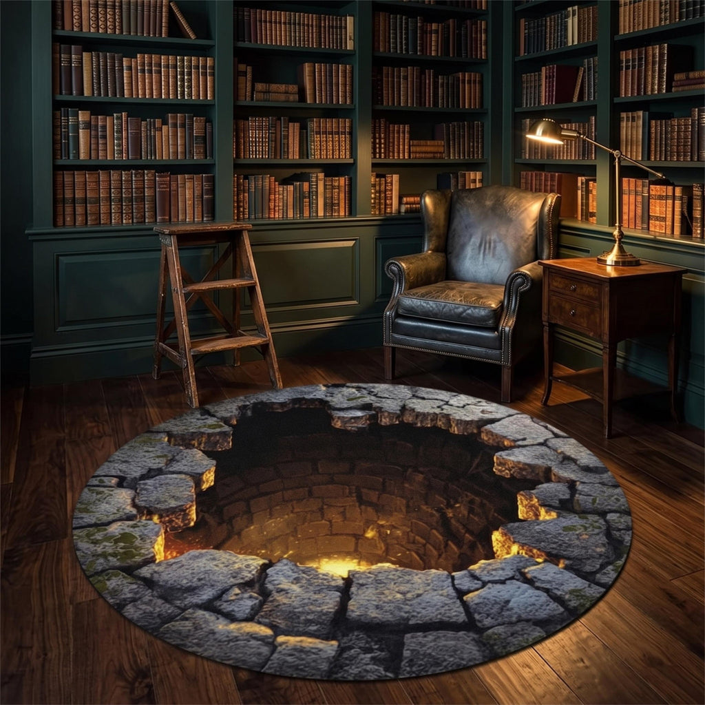3D Stone Well Illusion Rug, Halloween Round Rug, Optical Illusion Carpet, Spooky Bottomless Pit Floor Mat, Gothic Home Decor Gift