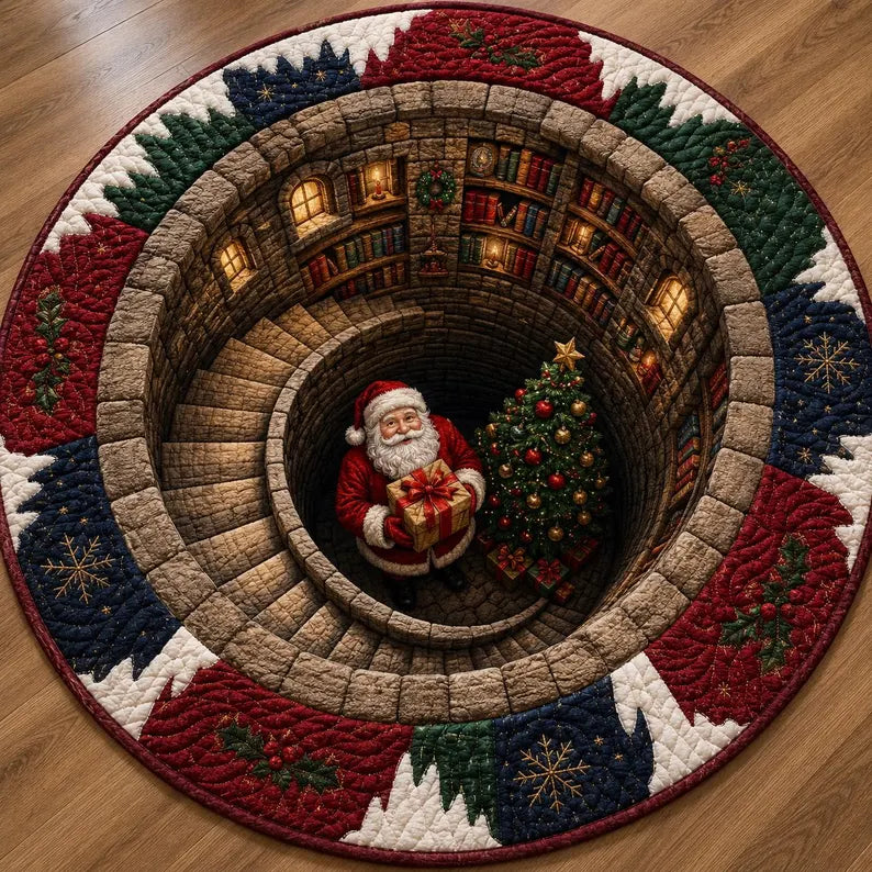 Santa Spiral Staircase 3D Round Rug, Christmas Optical Illusion Floor Mat, Non-Slip Xmas Home Decor, Christmas Gift for Family