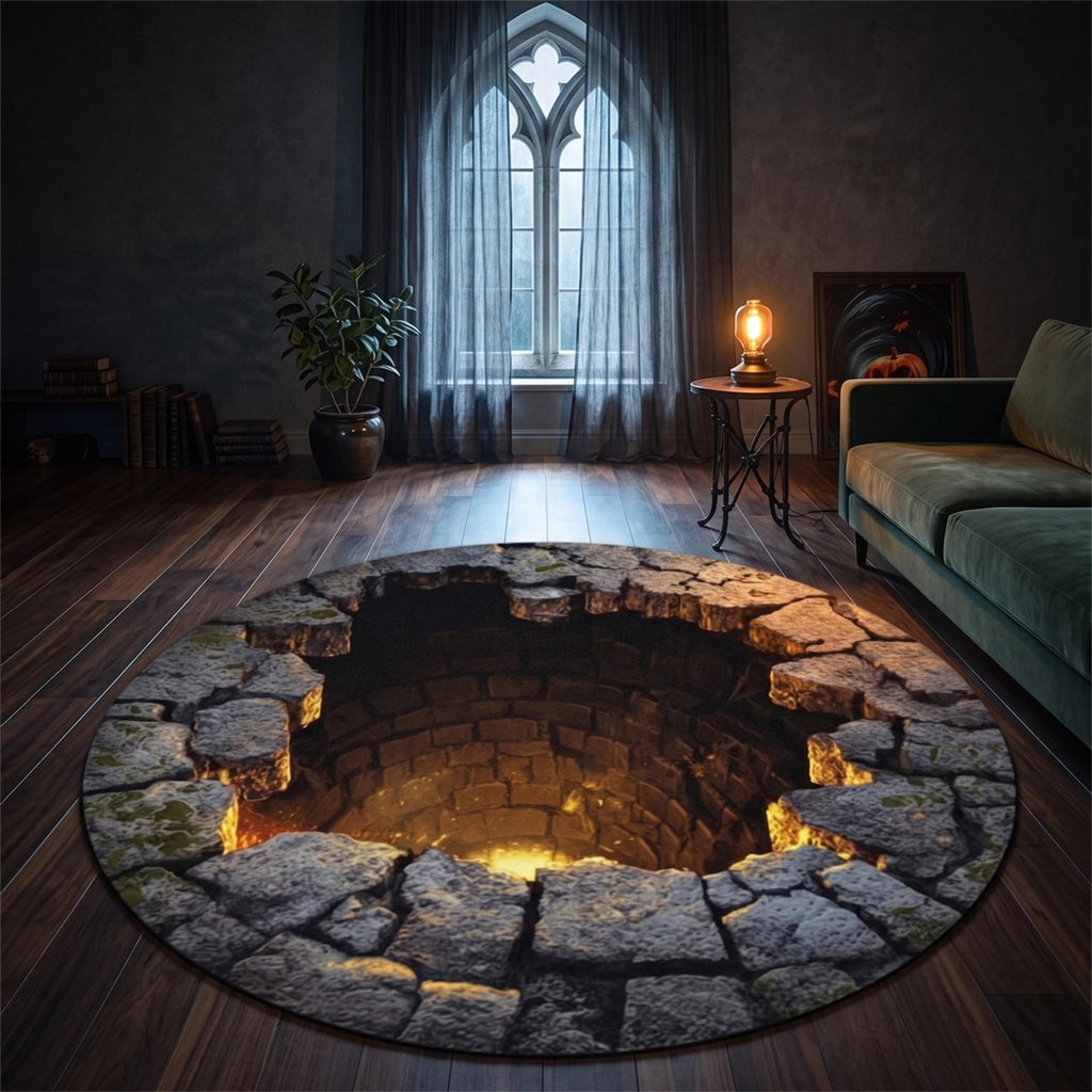 3D Stone Well Illusion Rug, Halloween Round Rug, Optical Illusion Carpet, Spooky Bottomless Pit Floor Mat, Gothic Home Decor Gift