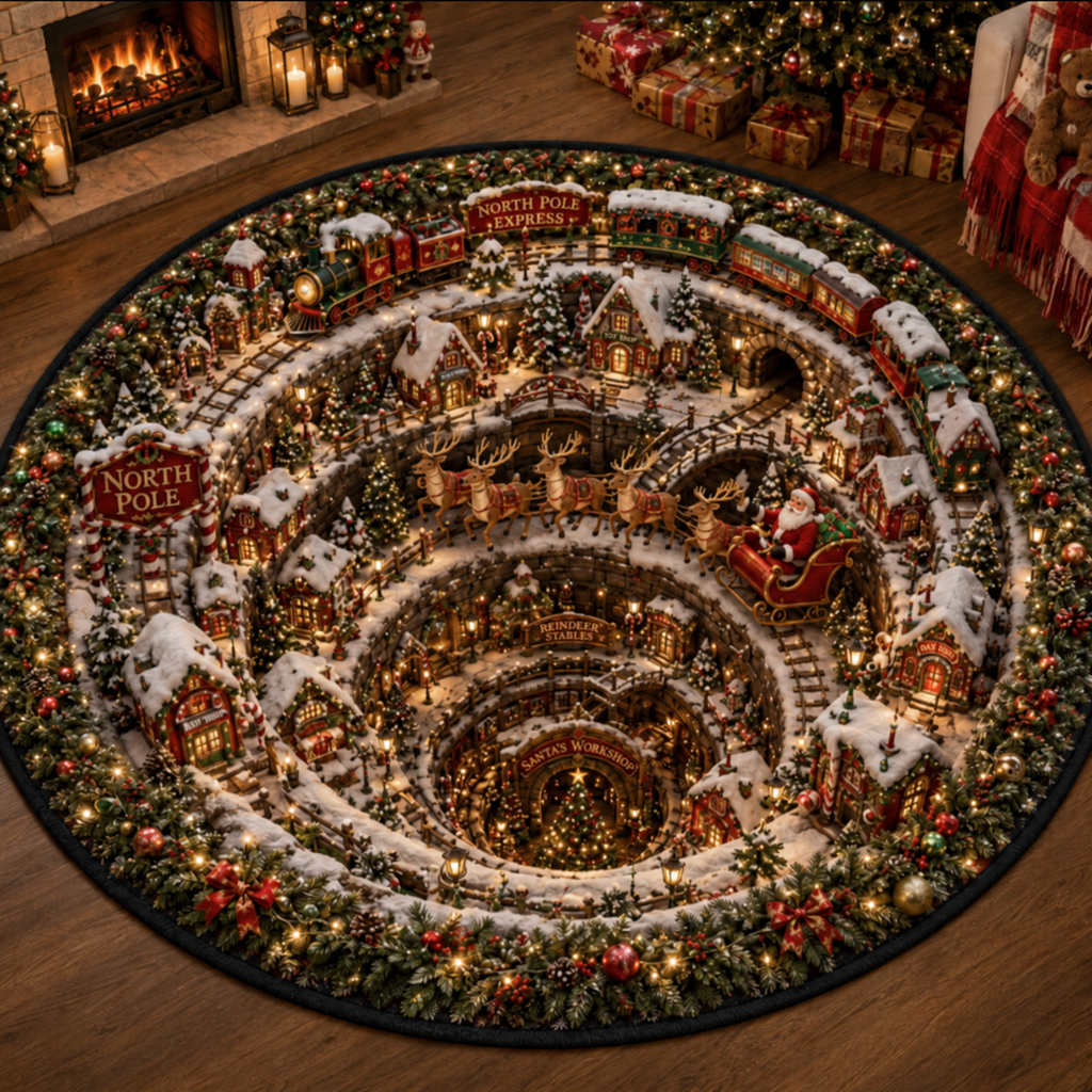 Chaotic Club 3D Christmas Village Illusion Round Rug
