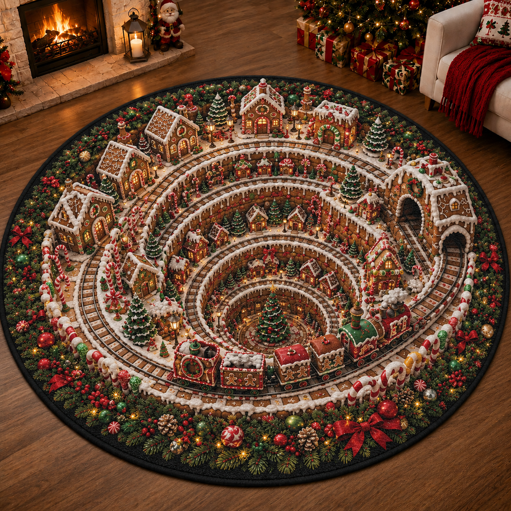 Chaotic Club 3D Christmas Village Illusion Round Rug