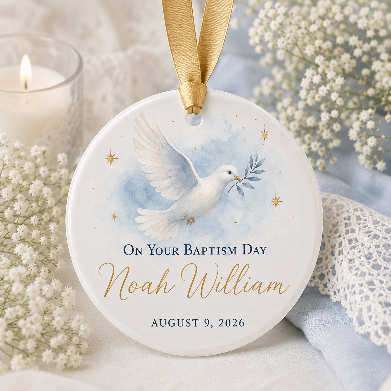 Personalized Baptism Dove Ceramic Ornament – Custom Name & Date Christian Keepsake
