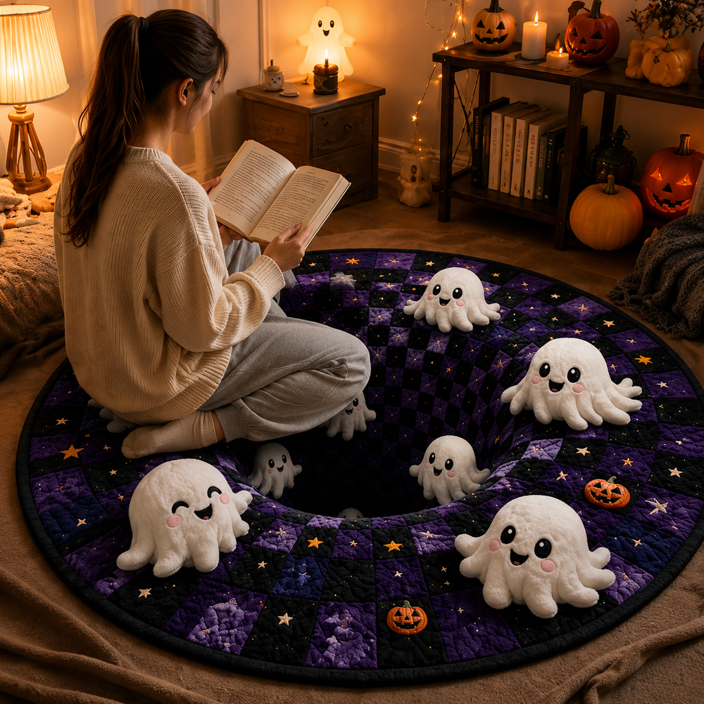 Who Let the Boos Out? 3D Ghost Vortex Rug – Cute Halloween Quilted Carpet, Spooky Purple Pumpkin Home Decor