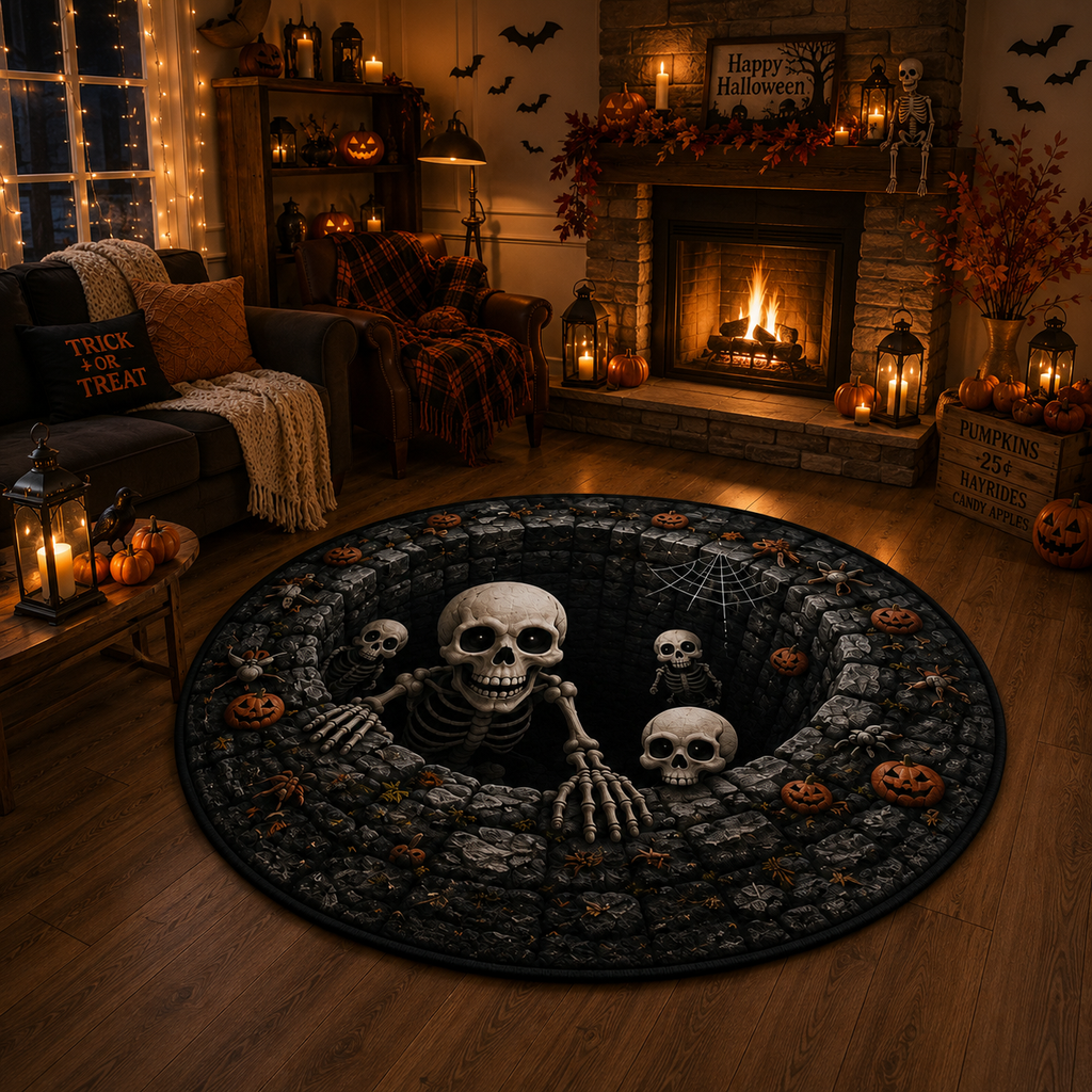 Dead Below 3D Skeleton Pit Quilted Carpet – Badass Halloween Horror Rug, Dark Gothic Home Decor