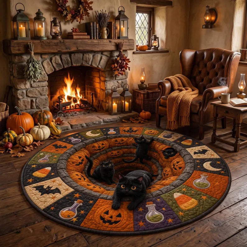 3D Halloween Black Cat Round Rug, Spooky Optical Illusion Carpet, Pumpkin Vortex Quilted Floor Mat, Witchy Fall Decor, Cat Lover Gift