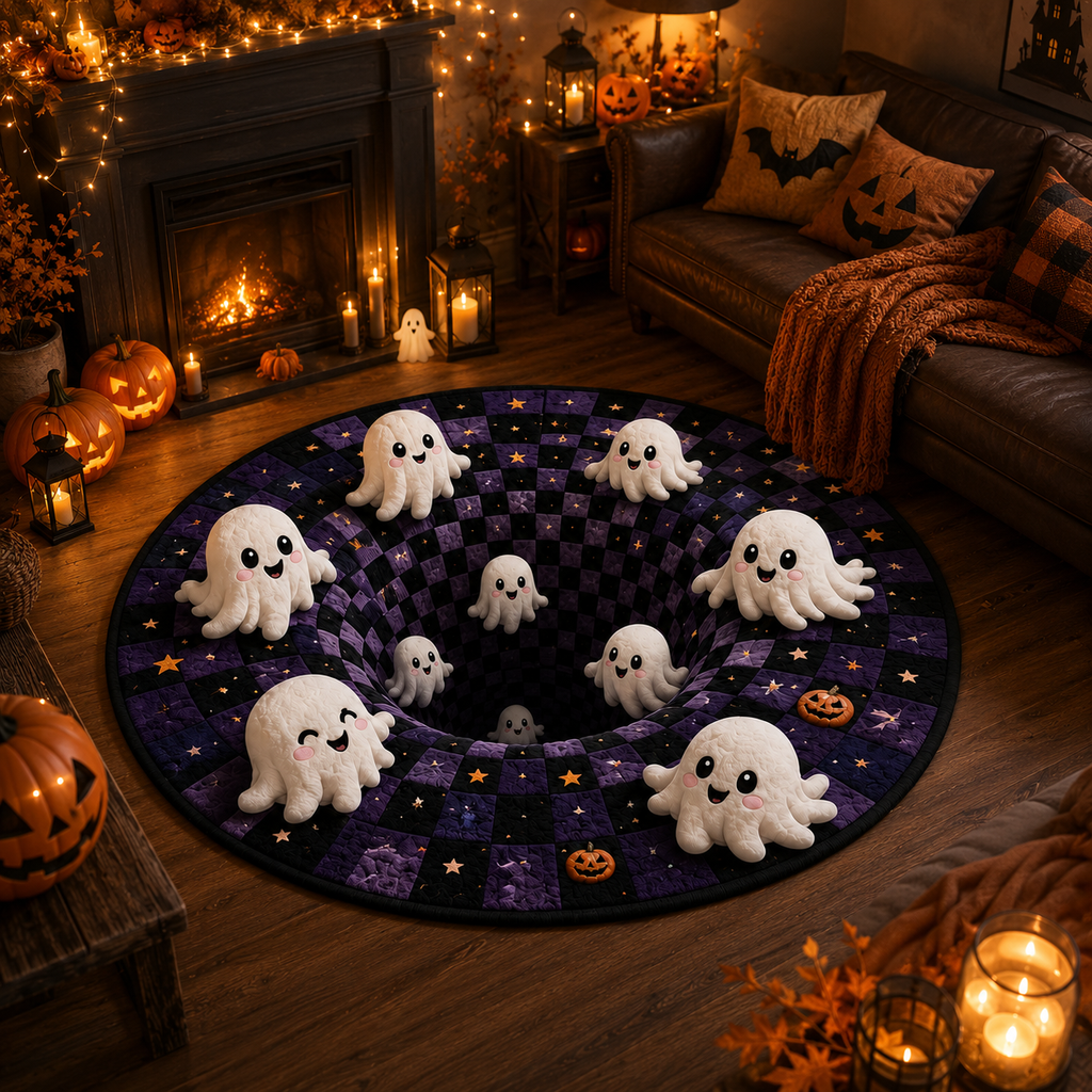 Who Let the Boos Out? 3D Ghost Vortex Rug – Cute Halloween Quilted Carpet, Spooky Purple Pumpkin Home Decor