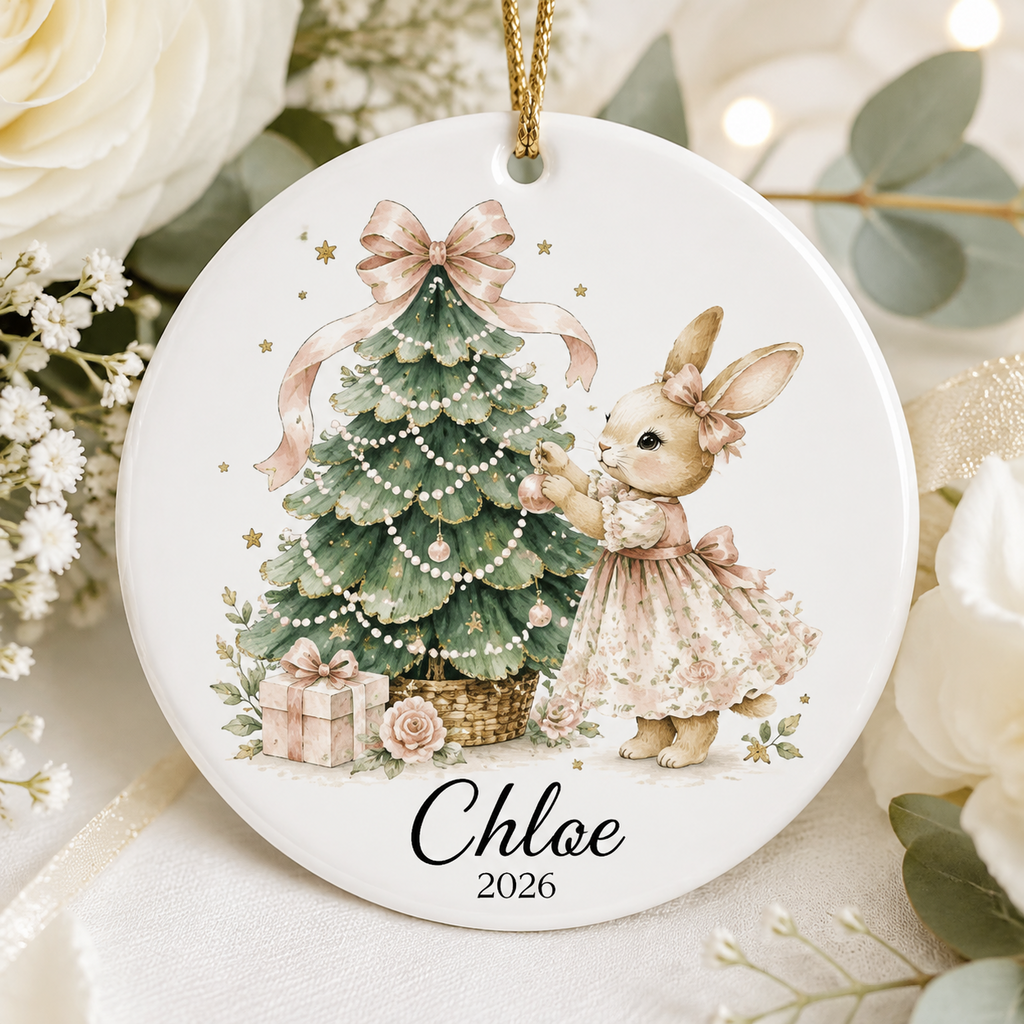 Personalized Girl Christmas Ornament, Custom Name Bunny Ceramic Ornament, Baby Girl First Christmas Gift, Keepsake Ornament 2026
