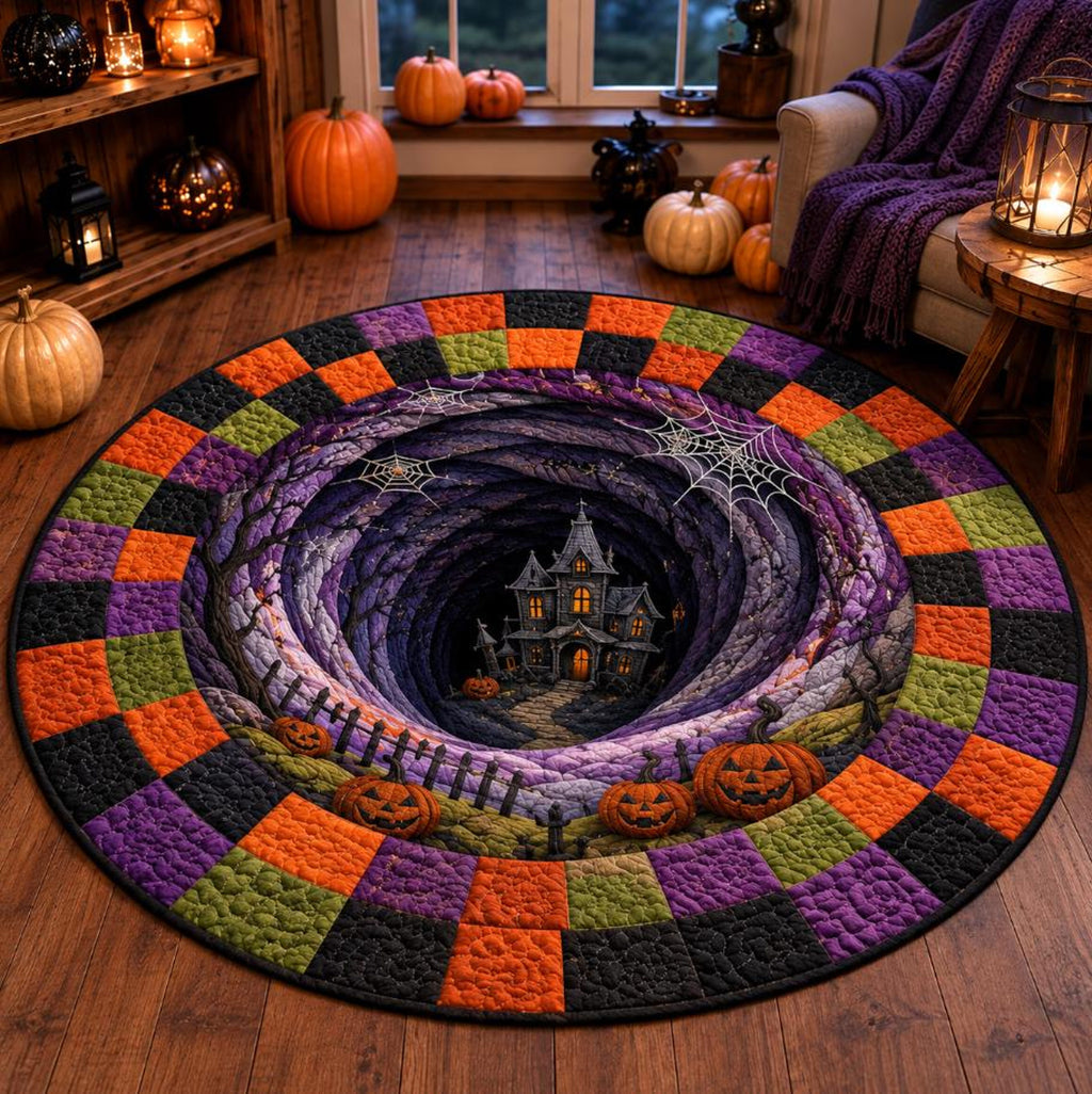 3D Illusion Halloween Round Rug, Haunted House Vortex Floor Mat, Pumpkin Gothic Area Rug, Spooky Halloween Home Decor