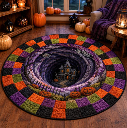 3D Illusion Halloween Round Rug, Haunted House Vortex Floor Mat, Pumpkin Gothic Area Rug, Spooky Halloween Home Decor