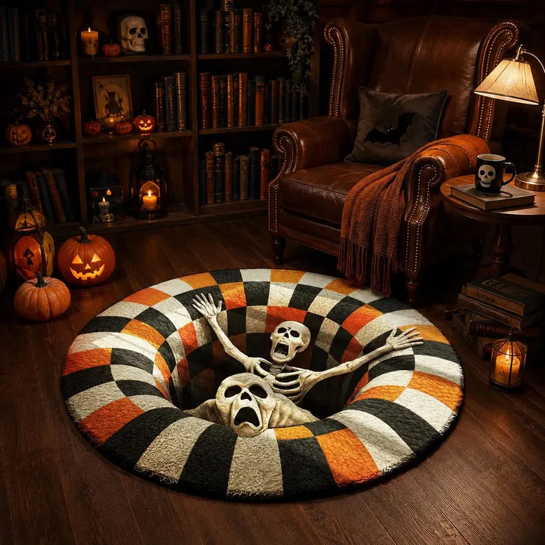 3D Skeleton Halloween Rug, Round Spooky Area Rug, Optical Illusion Floor Mat, Creepy Halloween Decor, Horror Rug