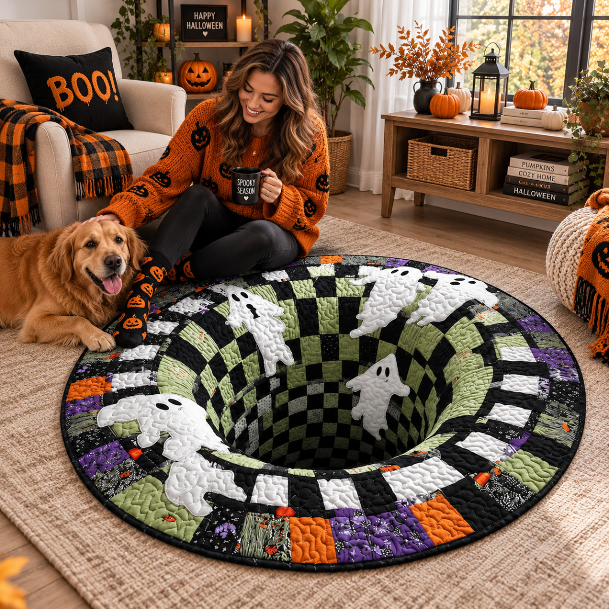 Mummy’s Out of the Pit 3D Quilted Carpet – Funny Halloween Illusion Round Rug, Spooky Mummy Floor Decor for Haunted Home & Party