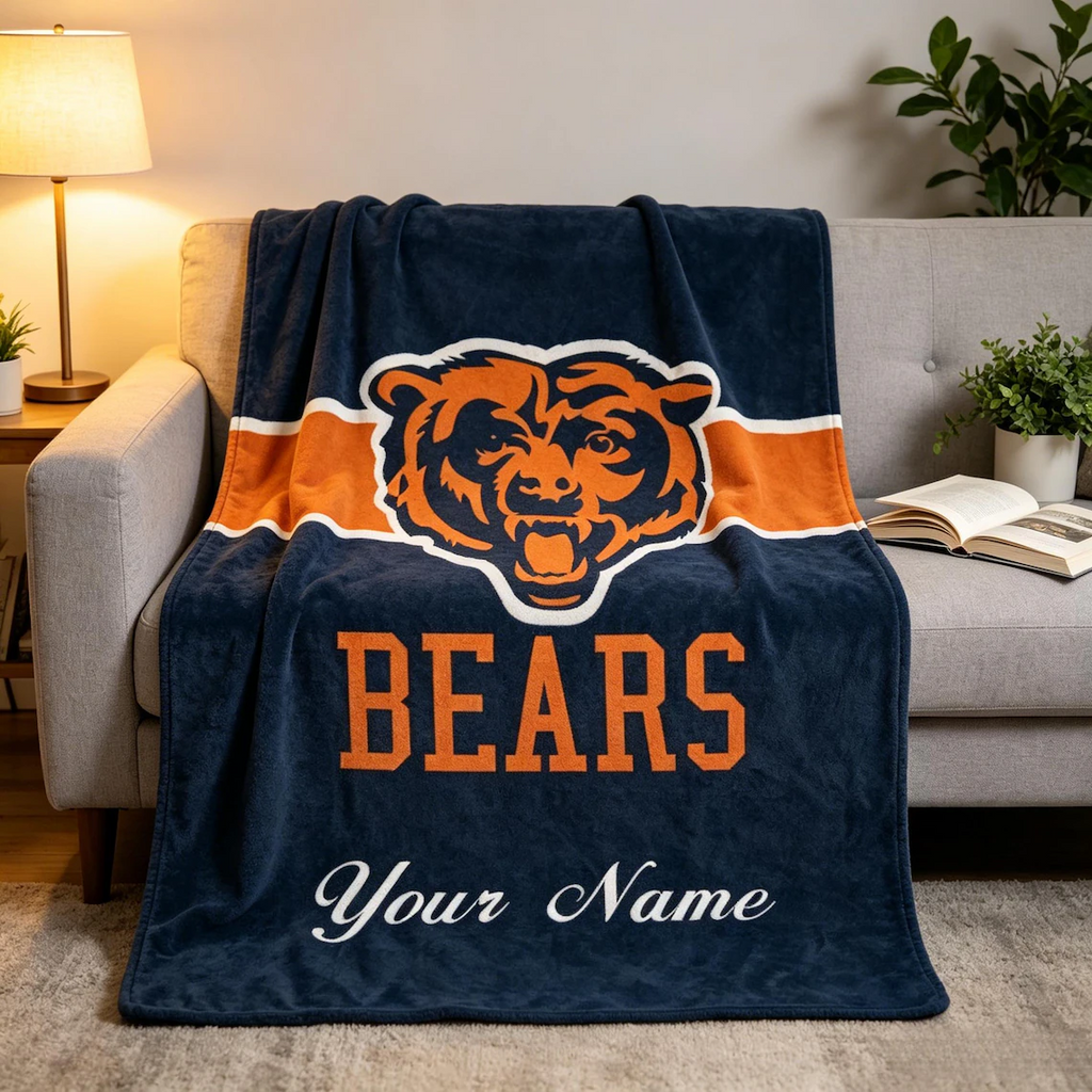 Personalized Chicago Football Bear Blanket, Custom Name Plush Throw Blanket, Orange Navy Sports Fan Gift