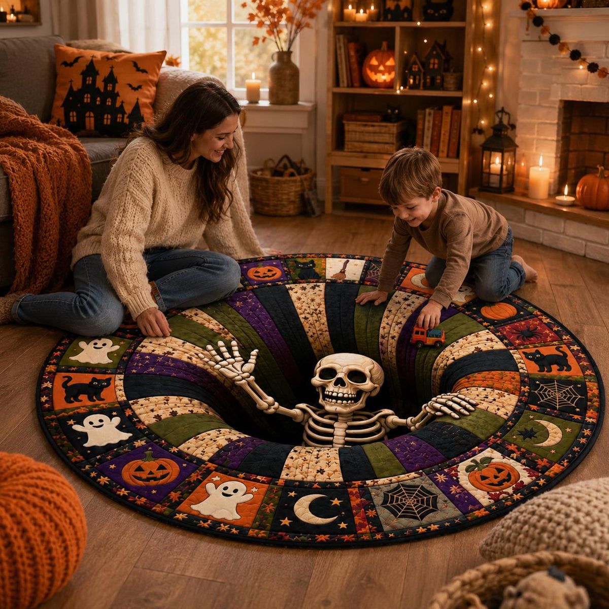 3D Effect Illusion Skull Vortex Quilted Round Rug, Halloween Horror Skeleton Carpet, Quilt Floor Mat, Living Room Bedroom Decor, Spooky Gift