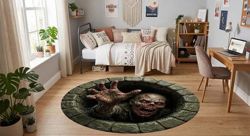 3D Demon in Well Carpet, Horror Monster Round Rug, Creepy Creature Floor Mat, Gothic Home Decor, Gamer Room Rug, Halloween Area Rug Gift