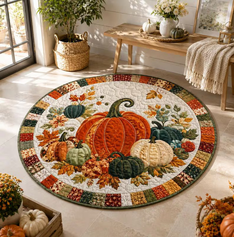 Pumpkin Fall Round Rug, Autumn Quilted Floor Decor, Harvest Area Rug, Thanksgiving Home Decor, Country Pumpkin Rug, Cozy Seasonal Accent