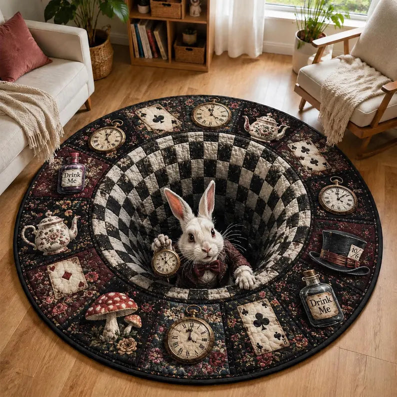 3D Rabbit Hole Optical Illusion Round Rug Vintage Tea Party Floor Mat Whimsical Bunny Vortex Carpet Fantasy Checkered Pit Living Room Decor