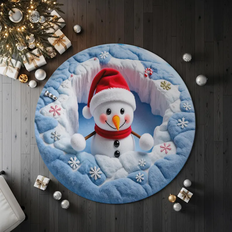 3D Snowman Christmas Quilted Carpet, Winter Snow Round Area Rug, Cute Holiday Floor Mat, Cozy Christmas Home Decor