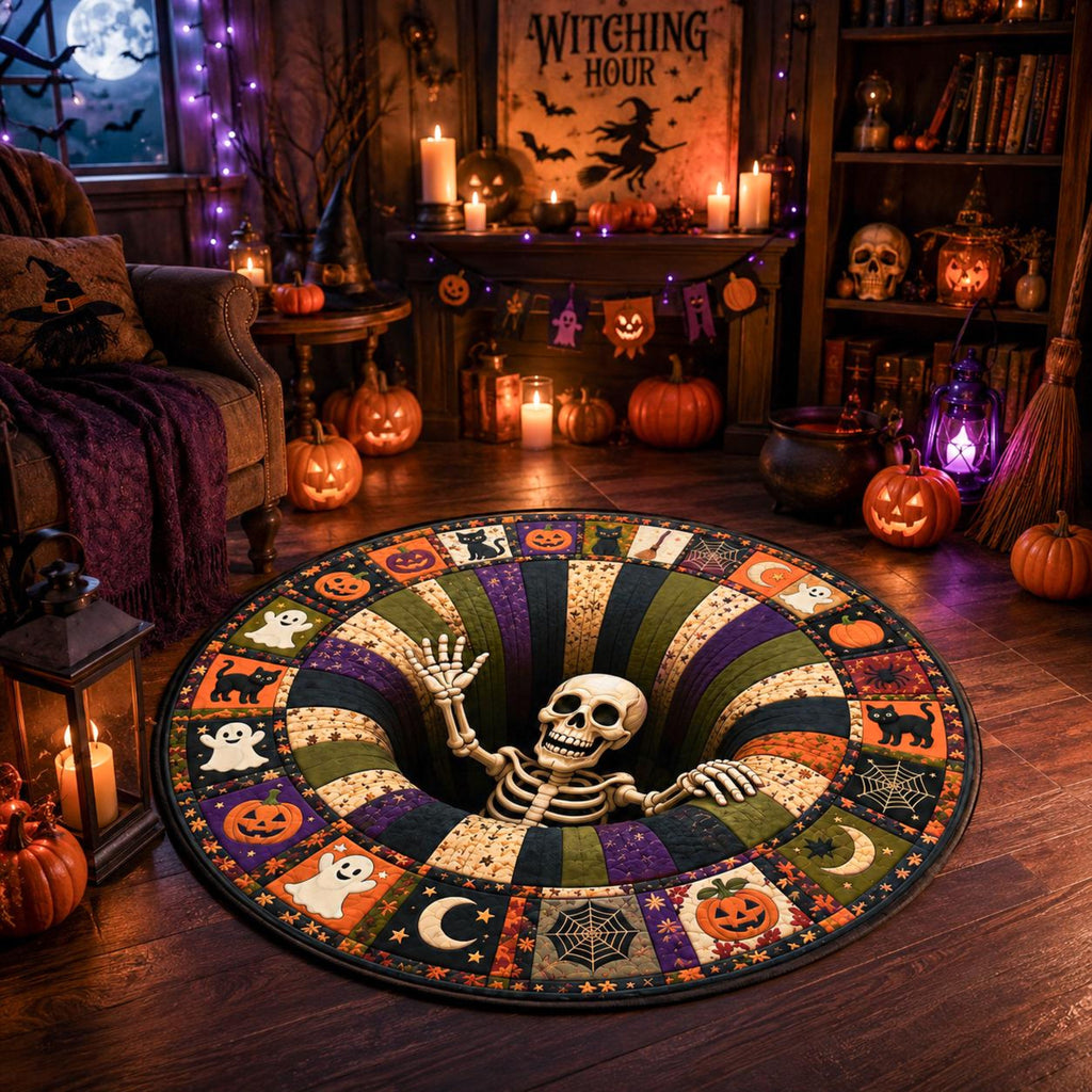 3D Effect Illusion Skull Vortex Quilted Round Rug, Halloween Horror Skeleton Carpet, Quilt Floor Mat, Living Room Bedroom Decor, Spooky Gift