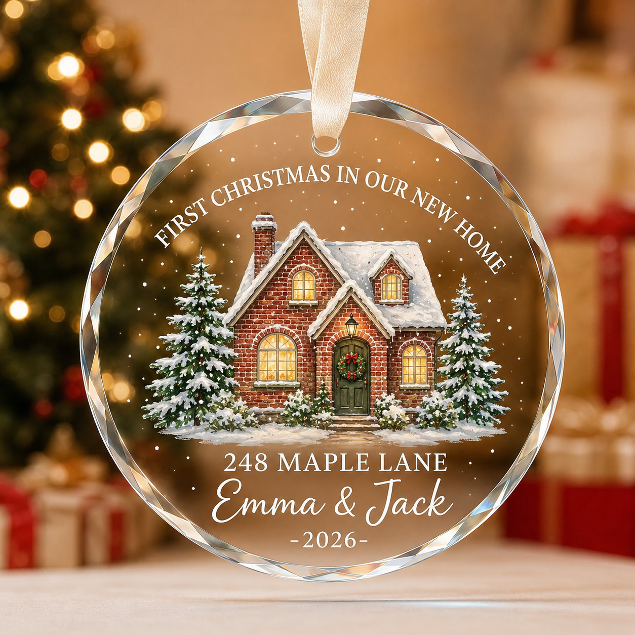 Personalized First Christmas in Our New Home Glass Ornament – Custom Address, Names & Year