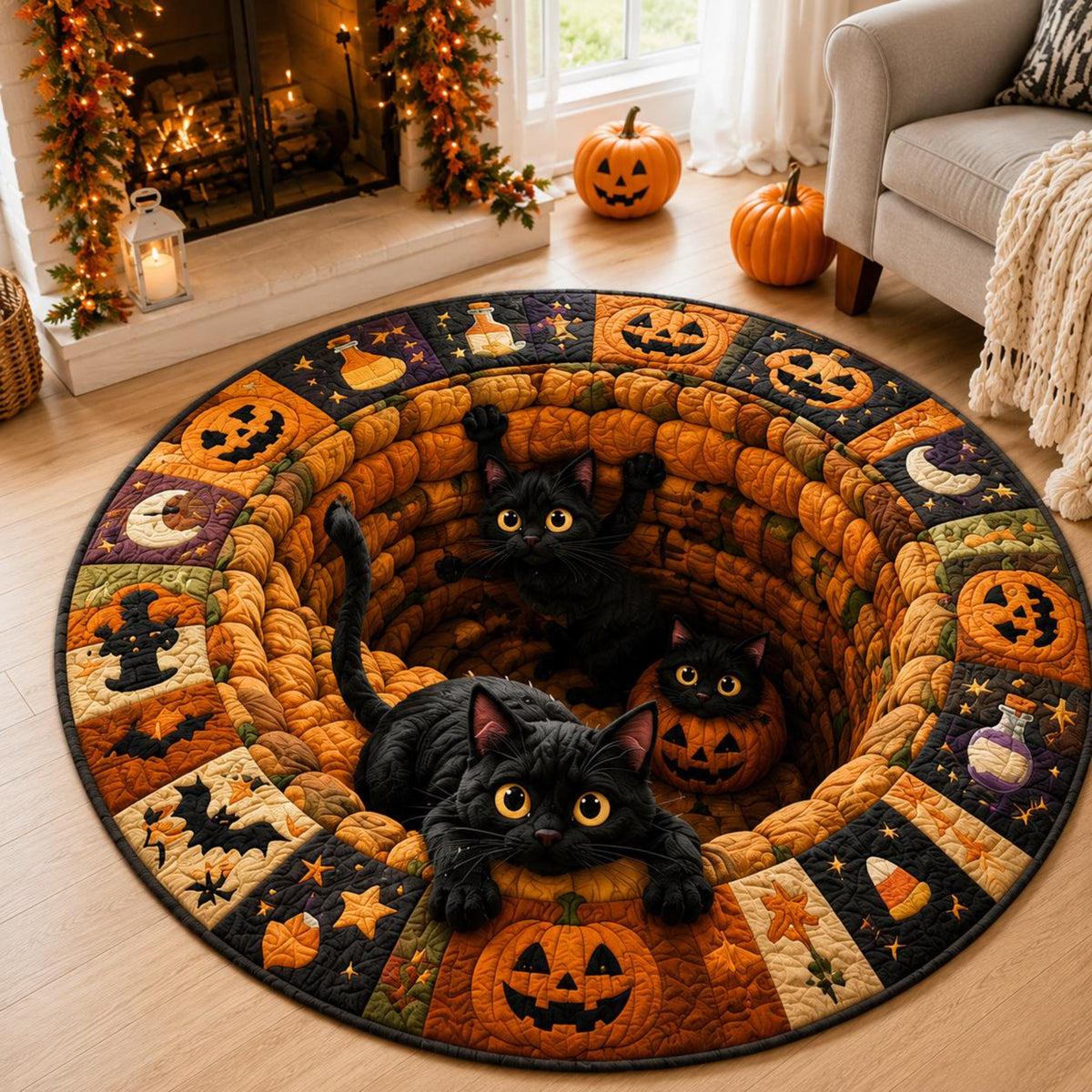 Black Cat Halloween Round Rug, 3D Illusion Quilted Pumpkin Cat Hole Floor Mat, Funny Spooky Black Cats Halloween Home Decor