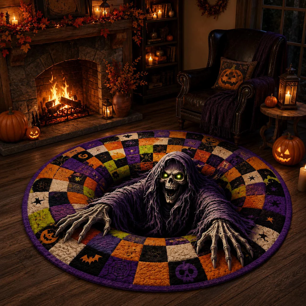 Halloween 3D Illusion Round Rug, Skeleton Vortex Foldable Floor Mat, Spooky Horror Area Rug, Gothic Living Room Decor Gift