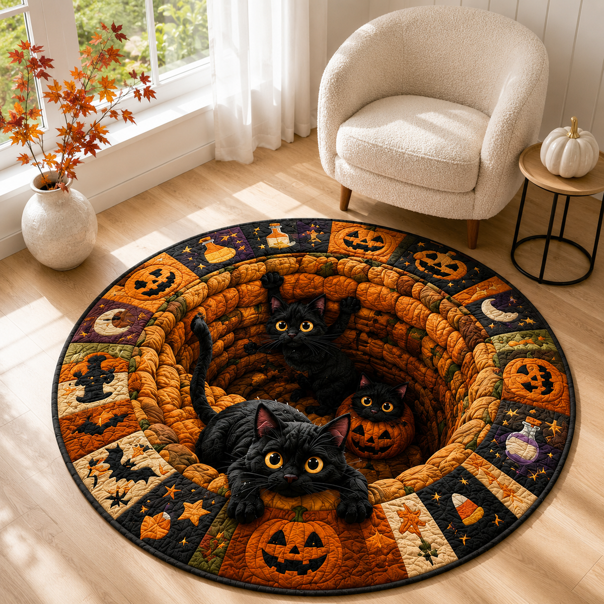 Black Cat Halloween Round Rug, 3D Illusion Quilted Pumpkin Cat Hole Floor Mat, Funny Spooky Black Cats Halloween Home Decor