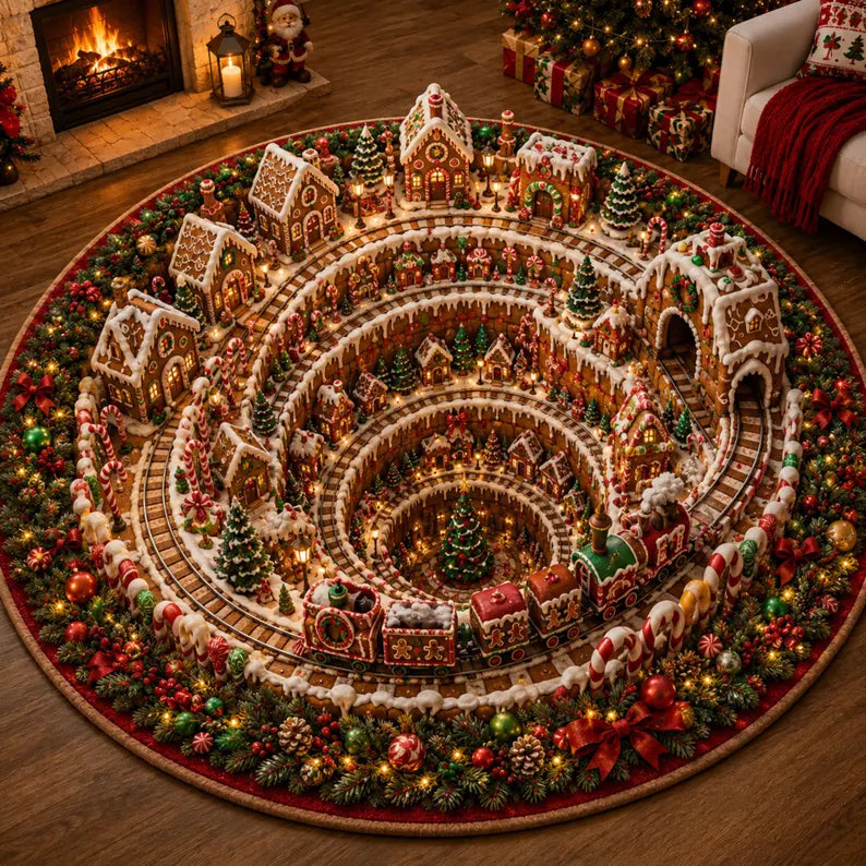 3D Christmas Round Rug Optical Illusion Floor Mat Winter Village Gingerbread Vortex Carpet North Pole Holiday Home Decor Xmas Tree Rug