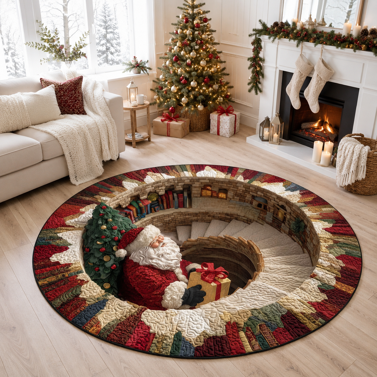 3D Santa Illusion Round Rug – Christmas Holiday Home Decor