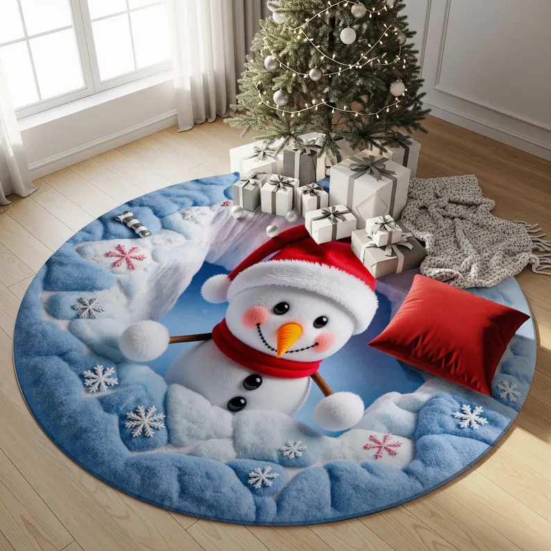 3D Snowman Christmas Quilted Carpet, Winter Snow Round Area Rug, Cute Holiday Floor Mat, Cozy Christmas Home Decor