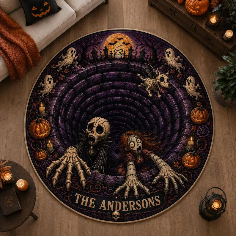 Personalized Halloween 3D Illusion Skeleton Rug, Custom Name Velvet Floormat