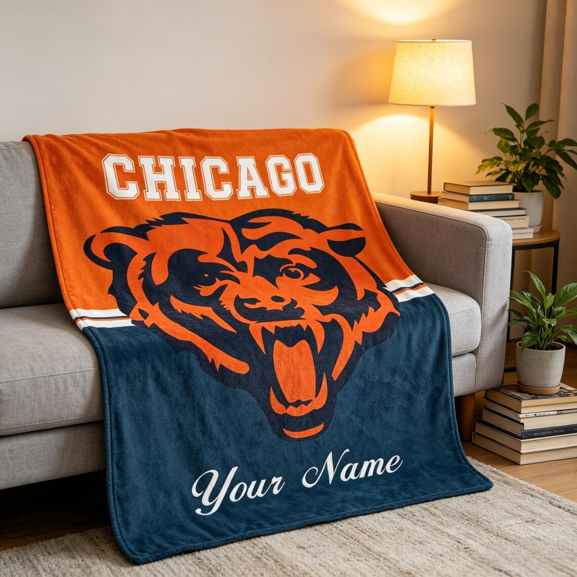Personalized Chicago Blanket Soft Throw, Custom Name NFL Football Fan Birthday Gift